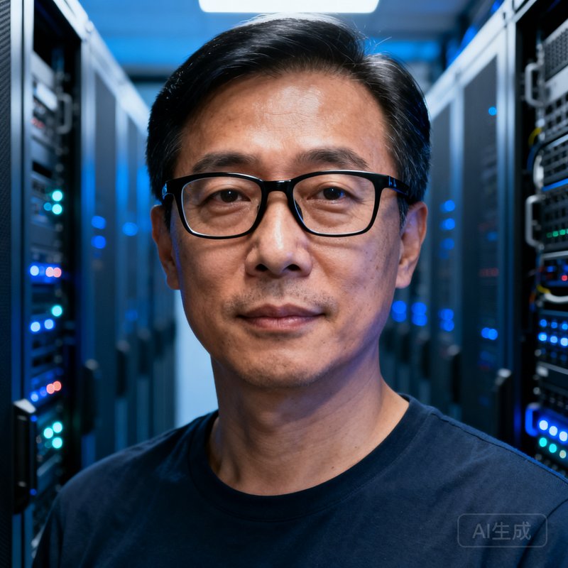 MKSports首席技术官张志远人物肖像，38岁男性戴黑框眼镜，穿深色T恤，站在服务器机房内，机柜灯光闪烁，体现技术氛围。