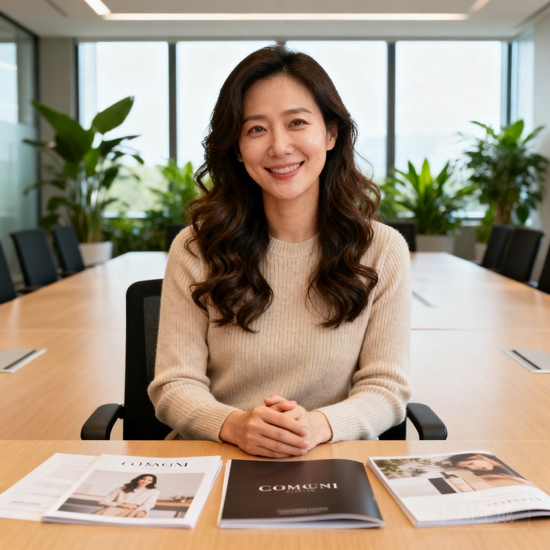 MKSports市场总监王晓婷人物肖像，32岁女性，微卷长发披肩，穿米色针织衫，坐在明亮的会议室中微笑，面前有品牌宣传册。